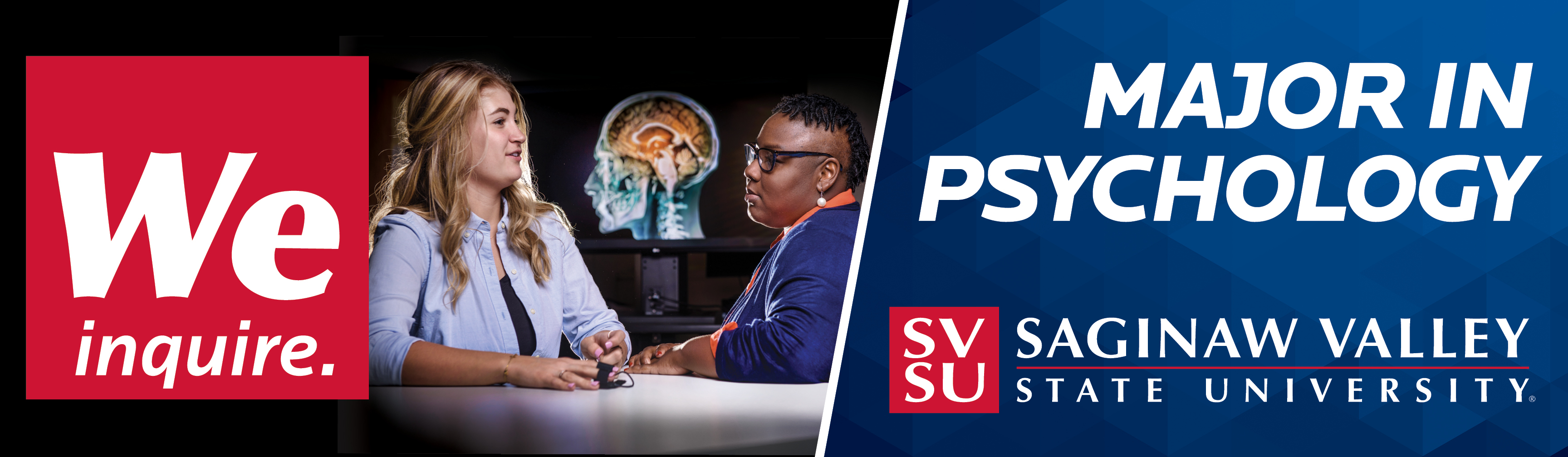 Banner graphic featuring red square block with We Inquire in white letters to left and featuring image of faculty member and student with image of brain in the background.